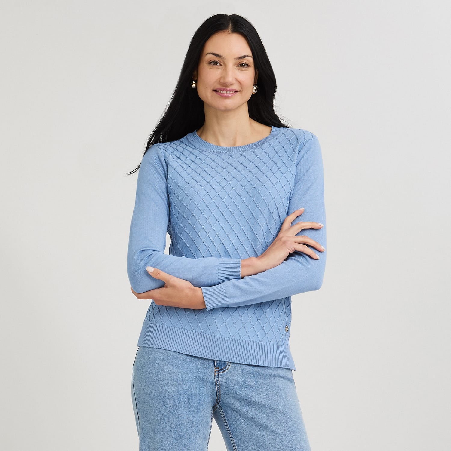 Sweater Escote Redondo con Diseño en Delantero Celeste